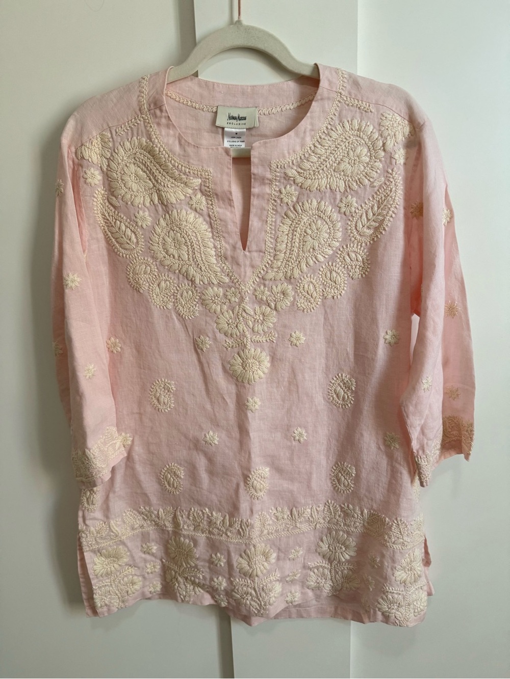 Neiman Marcus Exclusive Embroidered Tunic Soft Pink Linen Timeless Quiet Luxury - Picture 2 of 7